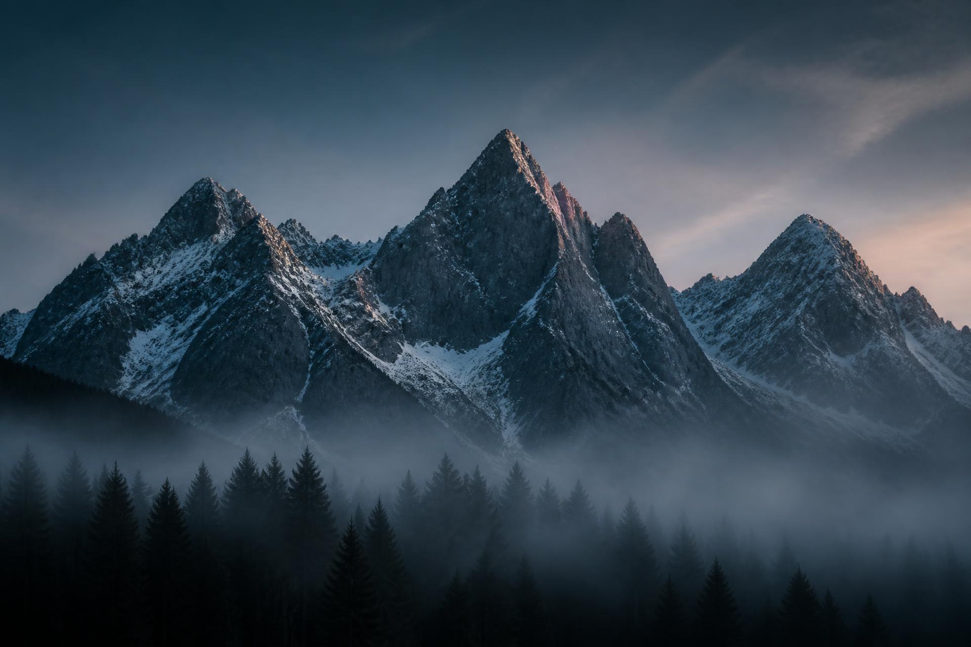 Vysoké Tatry za úsvitu — žulové štíty nad hmlou a lesom